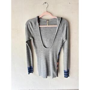 Free People Grey Scoop Neck Sweater with Colorful Stripes